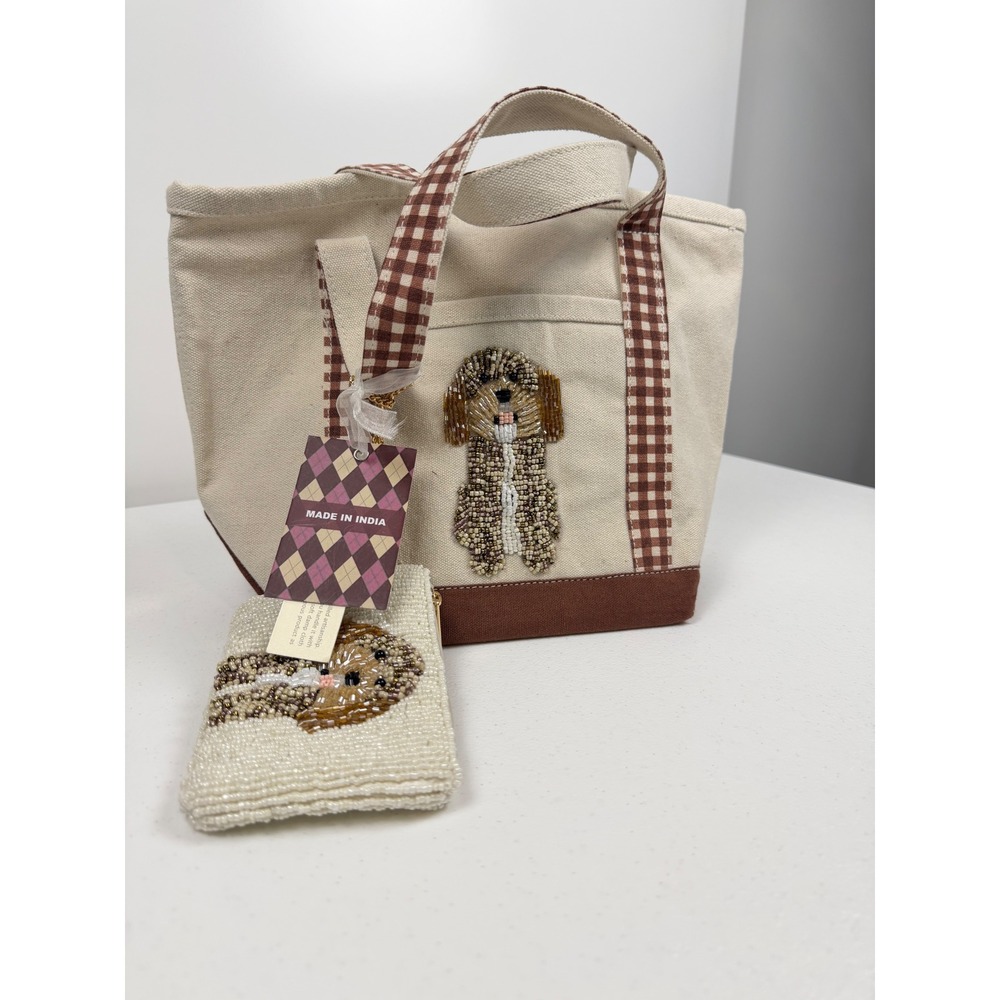 New Beaded Dog Canvas Tote Bag and Matching Coin Purse Set Gingham Brown Cream